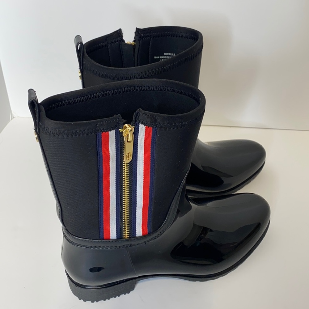 Tommy Hilfiger Black Rain Boots with Red and White Stripes